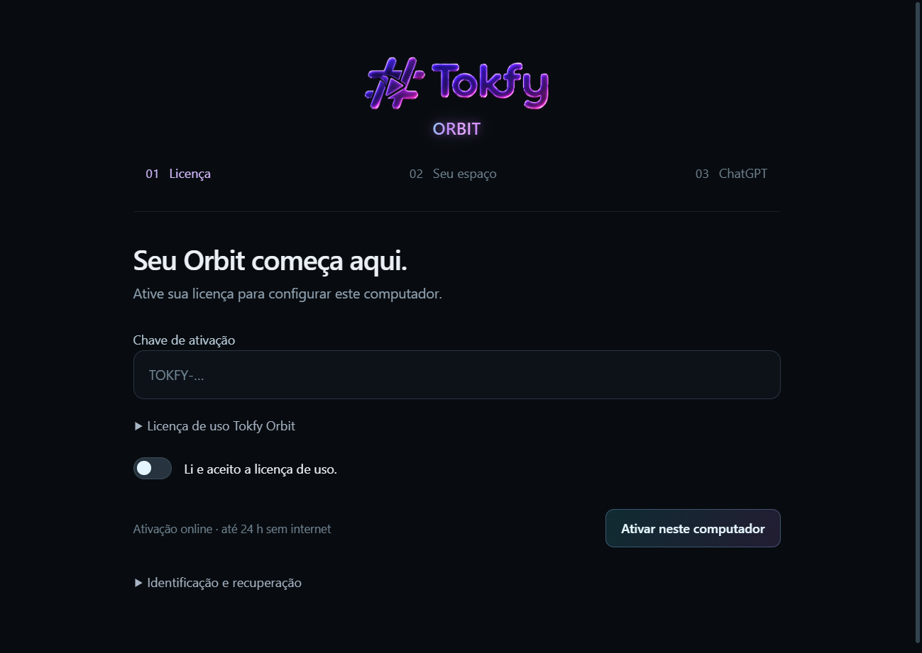 Tela de ativação do aplicativo com campo de chave, licença de uso e botão Ativar neste computador