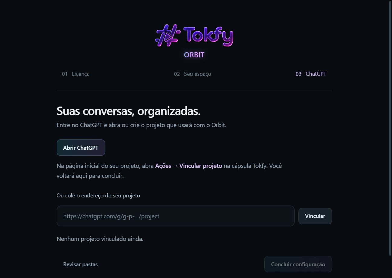 Tela de configuração do ChatGPT com botão Abrir ChatGPT e orientação para vincular o projeto